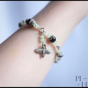 Cute bracelet with bee charm silver, green pistachio mint & black